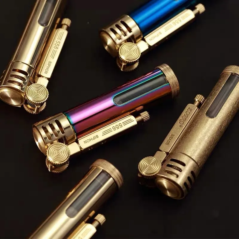 Zorro Transparent Fuel Tank Retro Lighter Motor Oil Metal Brass Grooved Kerosene Lighter Gasoline 73*23mm 46.5g Smoking