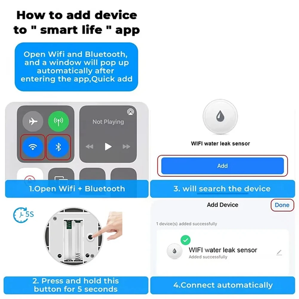

CABE-Tuya Wi-Fi Датчик наводнения Приложение Smart Life Датчик утечки воды Обнаружение громкой звуковой сигнализации Применение оповещения