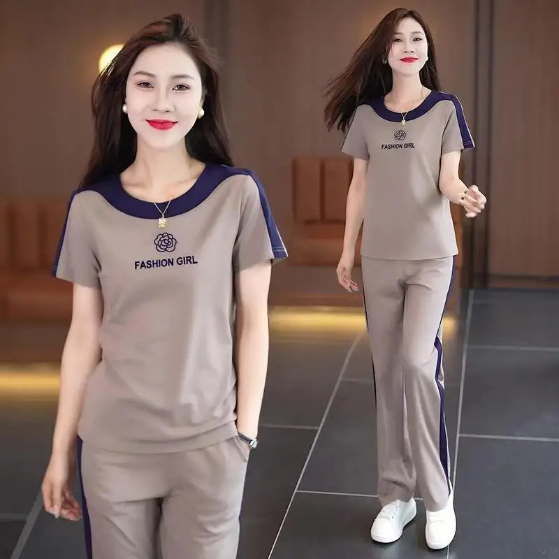 Leisure Sportswear Suit For Women Matching Sets Summer 2024 New Loose Fitting Outfits Fashion Short Sleeved Tops Pants Two Piece