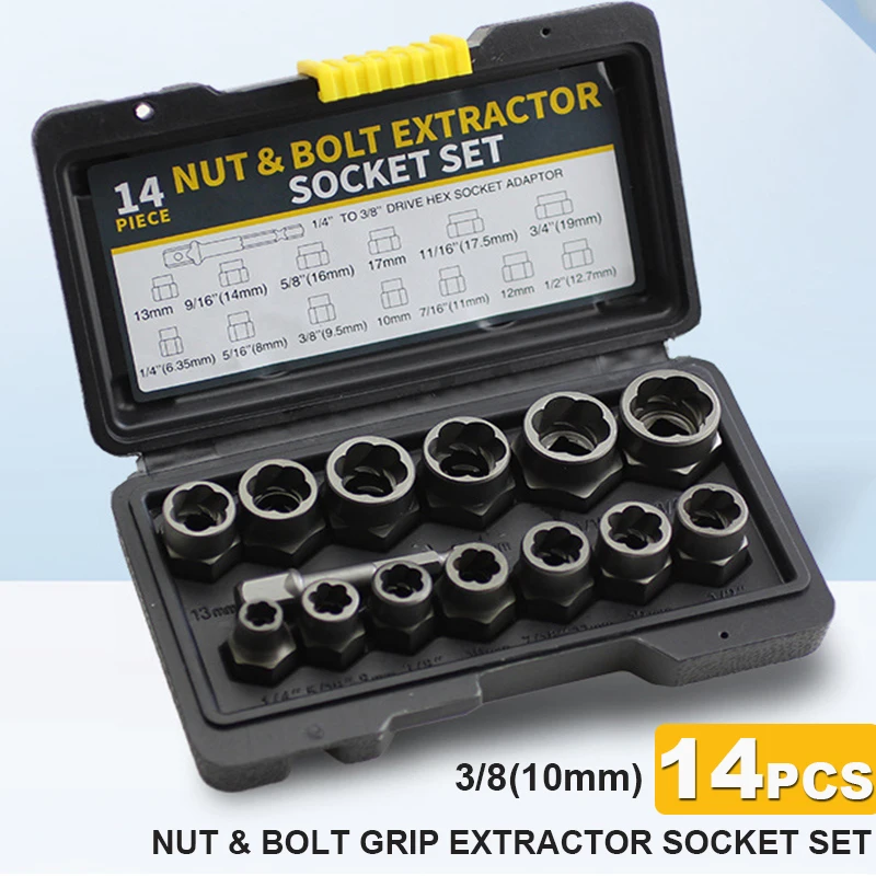 14pcs 3/8inch Socket Set Damaged Impact Socket Tool Set Socket Set Nut And Bolt Extractor Impact Bolt & Nut Remover herramientas