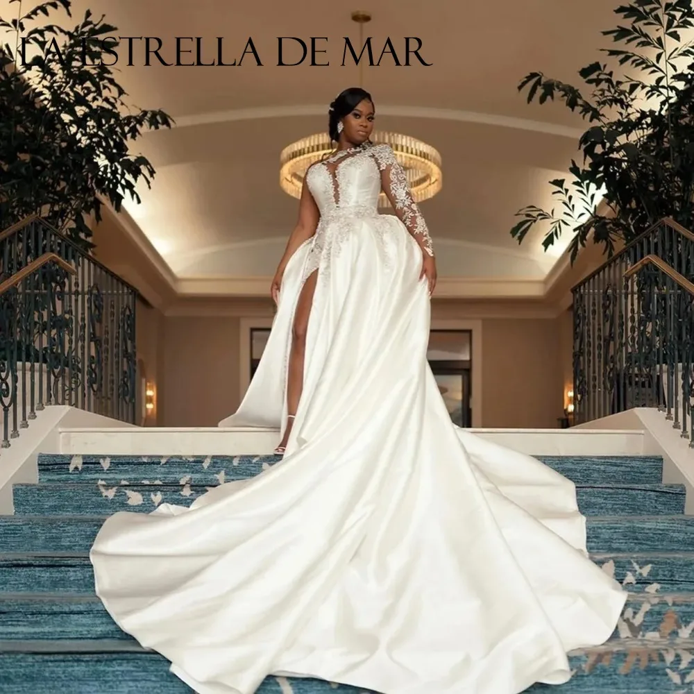 Detachable Wedding Dresses Bride Satin One Shoulder Long Sleeved Silver Crystal Beads  African Vestidos Novia Mermaid Brautkleid