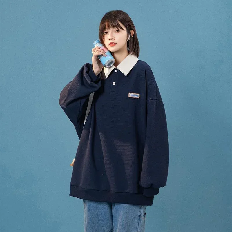

Y2K Korean Fashion Oversized Female Sweatshirt Preppy Style Polo Pullovers Patchwork Loose Female Clothing Student Sweatshirts