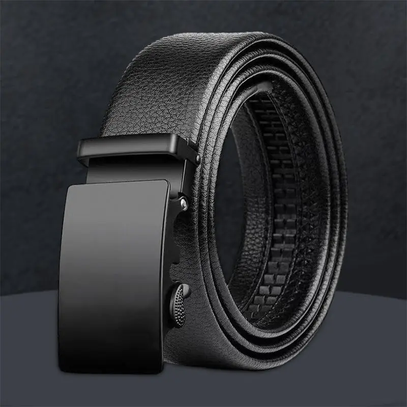 Men'S Belt Metal Automatic Buckle High Quality Business Work Belt PU Leather Waist Strap Black Gun Color Male Jeans Belt For Men