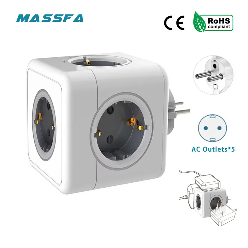 MASSFA EU Plug 5 AC Outlet Multitap Power Strip Extension Electrical Socket Smart for Home Office Surge Protector Network Filter