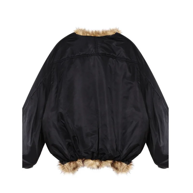 [MODX]  American Hot  Fashionable Loose Silhouette Thickened Warm Versatile Black Cotton Jacket Eco Friendly Fur Coat