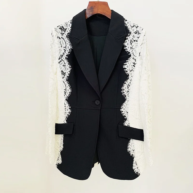 women's 2024 fashion star color block one button blazer coat elegant lace spliced slim blazer jacket