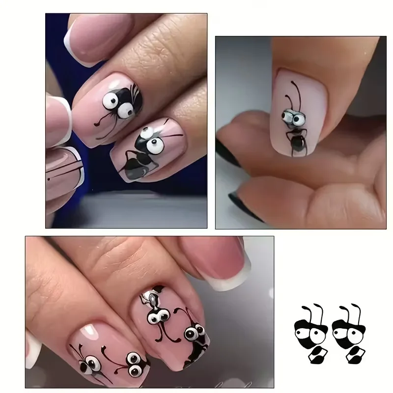 ملصقات أظافر النمل الكرتونية اللطيفة - شارات راتينج ذاتية اللصق غير لامعة لأظافر الأصابع وأظافر القدم، باللونين الأسود والأبيض #2