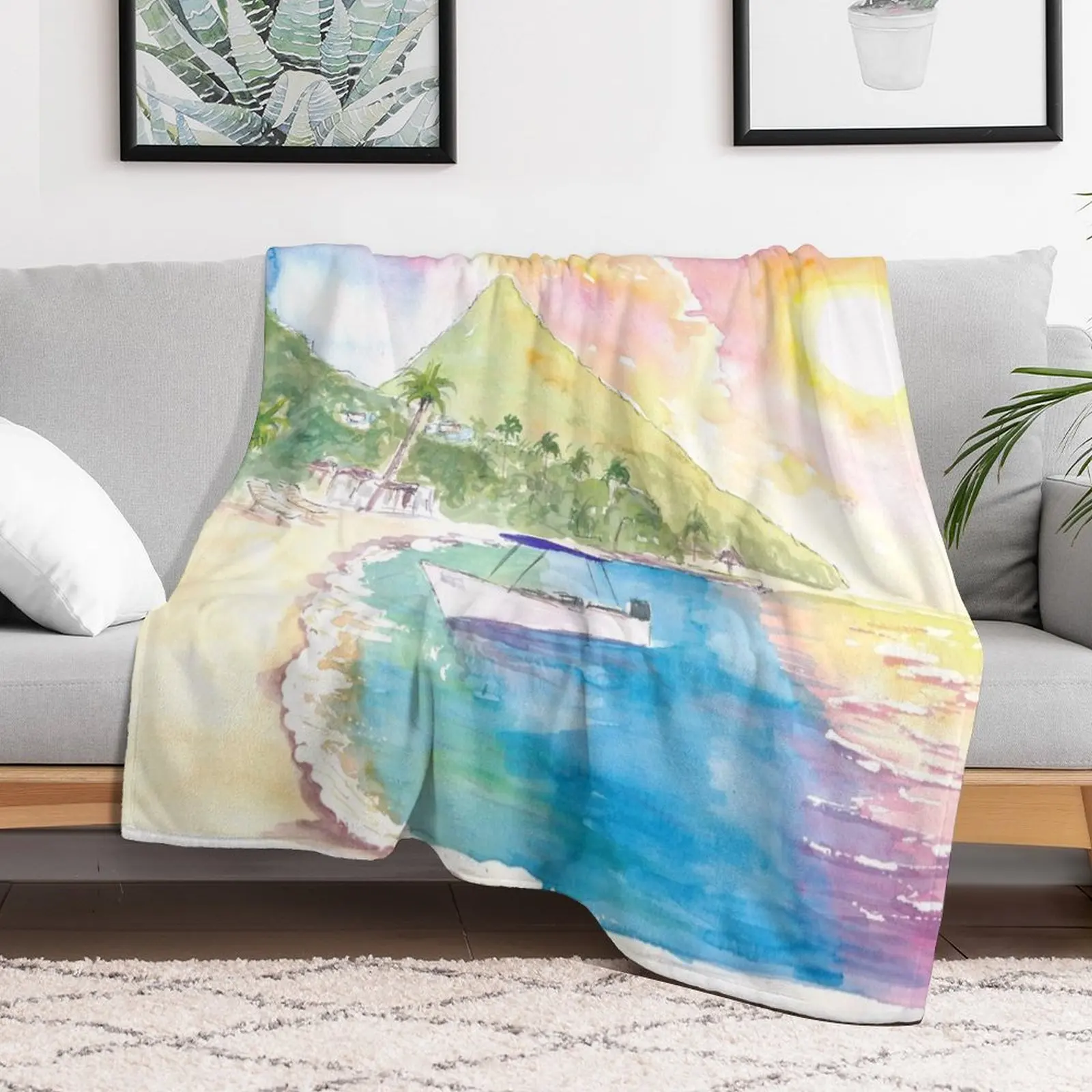 St Lucia Sunset and Amazing Piton Beach Scene Throw Blanket Fashion Sofas warm for winter Custom Weighted Blankets