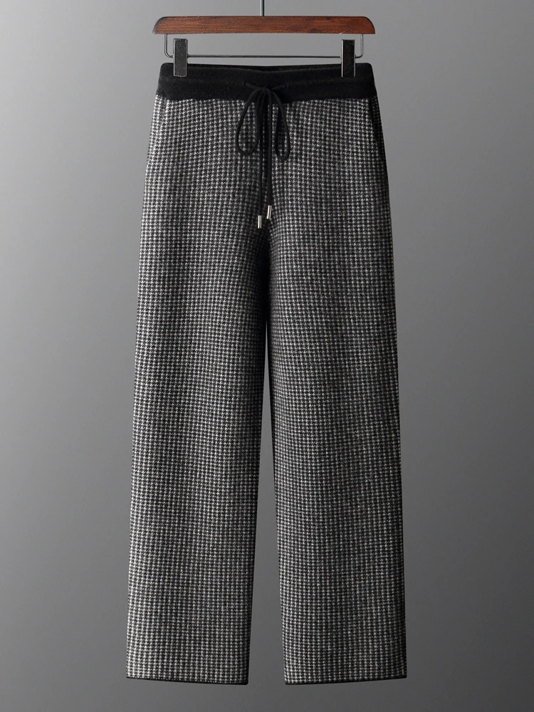 

TLOML мужские 100% кашемировые вязаные утепленные жаккардовые широкие брюки в клетку «Тысяча птиц», теплые повседневные осенне-зимние брюки на шнурке