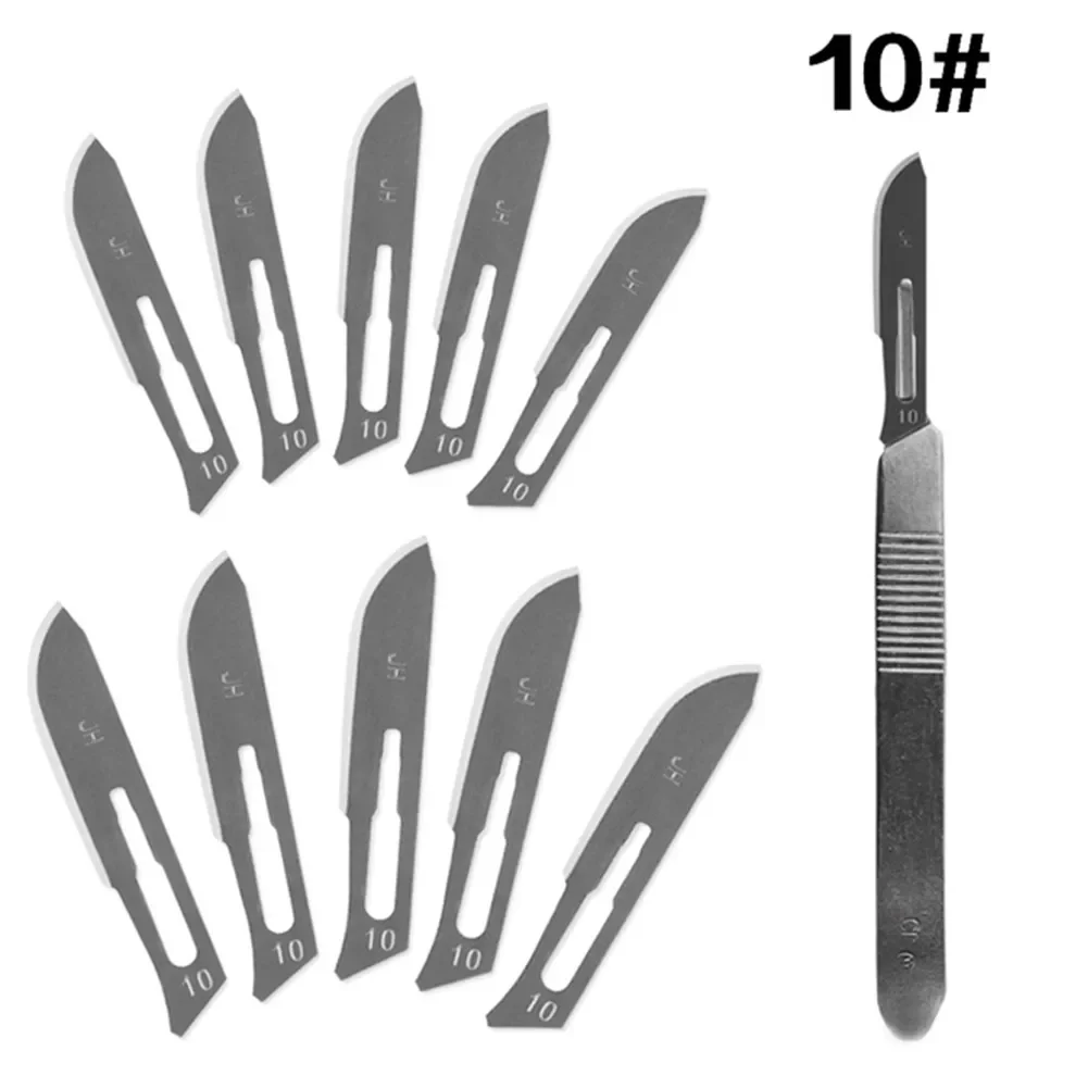 10pcs 10#--24# Carbon Steel Surgical Blades + 1pc 3# 4# Handle Scalpel DIY Cutting Tool PCB Repair Animal Surgical Knife