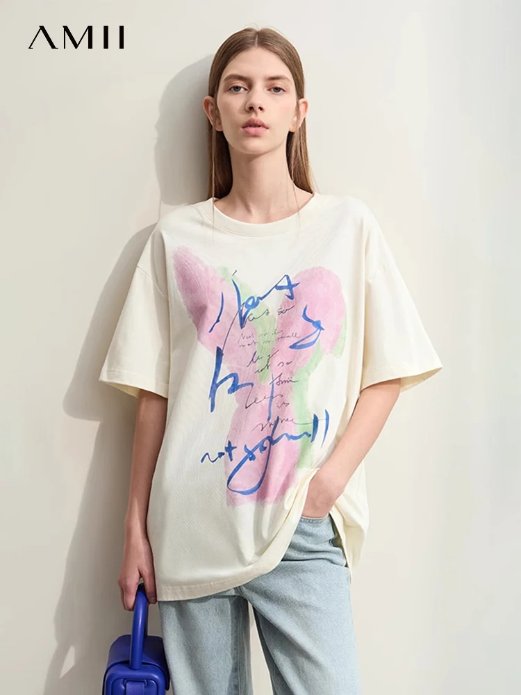 Amii Minimalism 2024 Graphic T shirts Summer New Casual Round Neck Drop Sleeves Cotton Fashion Tops Women's T-shirt 12442172