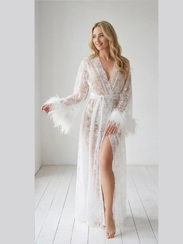 Sheer Lace Bridal Robe with Ostrich Feather Sleeves Luxury See-Through Wedding Robe for Bridal Morning Boudoir & Honeymoon Robes