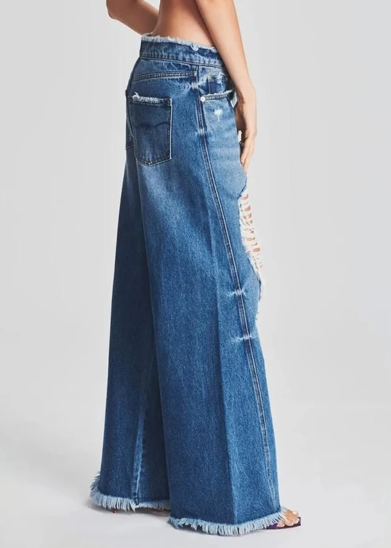 Y2K Women's Jeans Straight Cargo Pants Punk Irregular Tassel Hole Ripped Denim High Waist Trousers Wide Leg Pants Streetwear