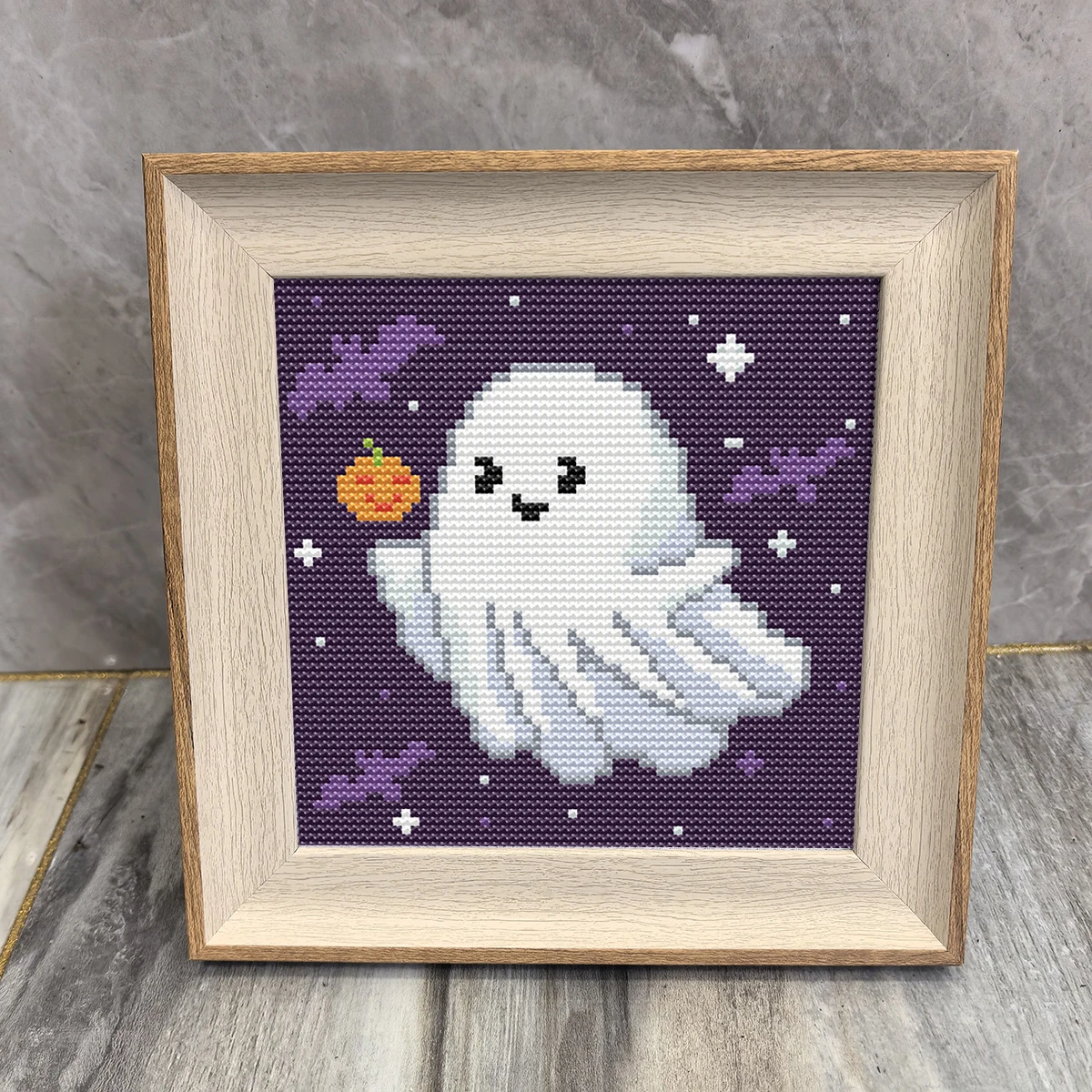 Smiling Ghost Halloween-themed Cross-Stitch Kit, DIY Handmade Printed Embroidery with Frame, Pumpkin Bat Cute Goblin Desktop Decoration - view 3