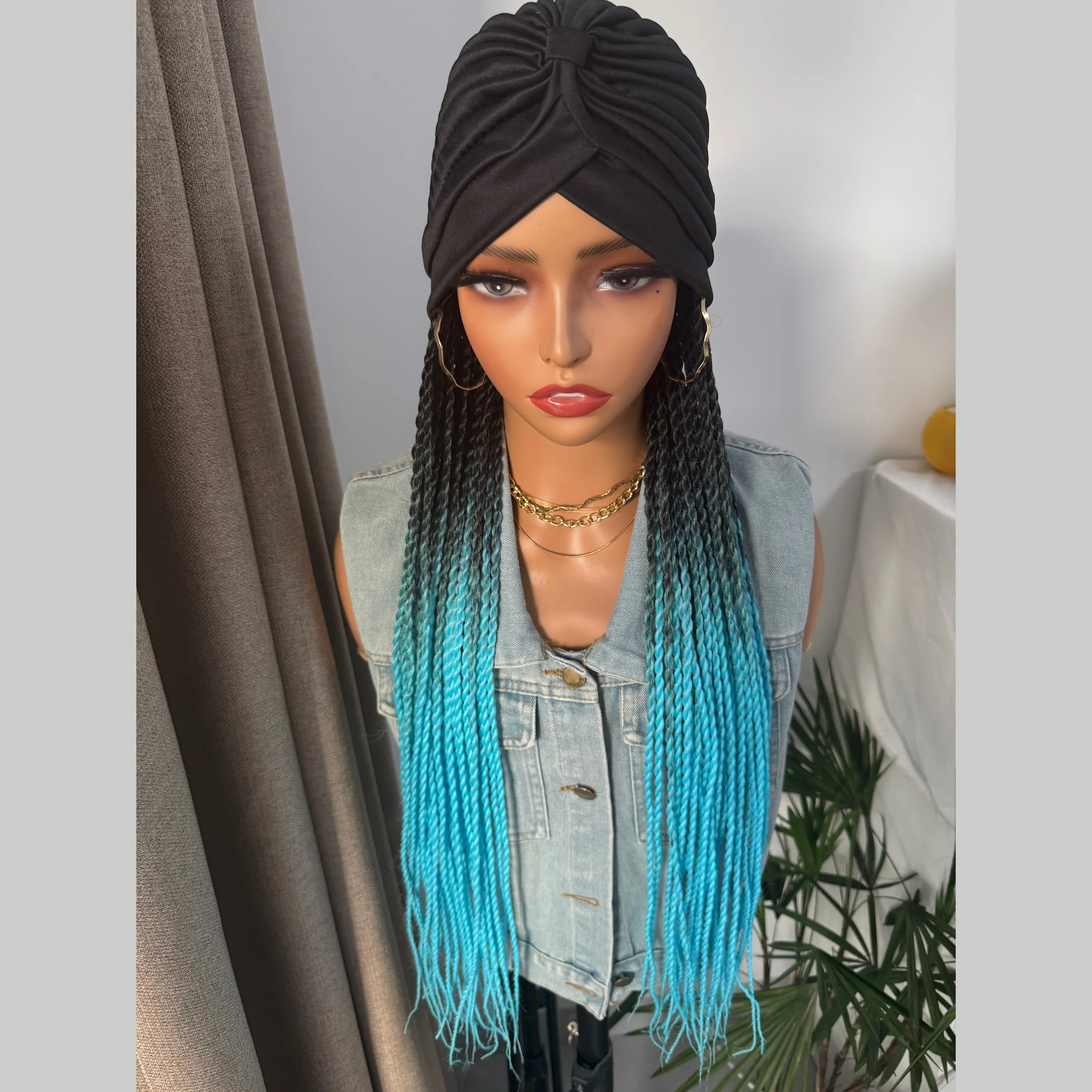 Turban Braiding Hair Long Ombre Fantasy Senegalese Twist 24Inch Braided Synthetic Wig With Headband  Extensions For Women