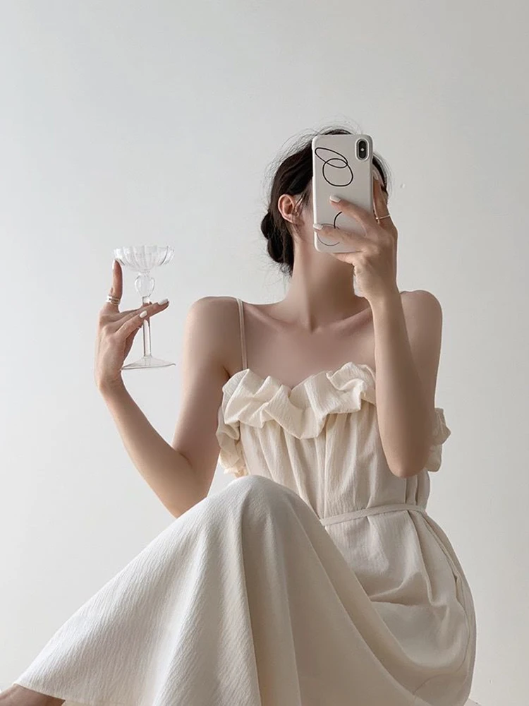 Robe française élégante à col Slash, Y2K, Vintage, bretelles Spaghetti, ample, esthétique, plage, vacances, ligne A, été