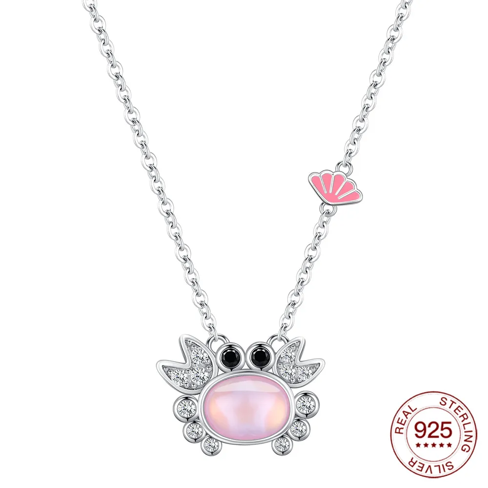 New Original 925 Sterling Silver Pink Crab Charm Necklace Fit Bracelet Diy For Women Fashion Jewelry Hot Fine Pendant Love Gift