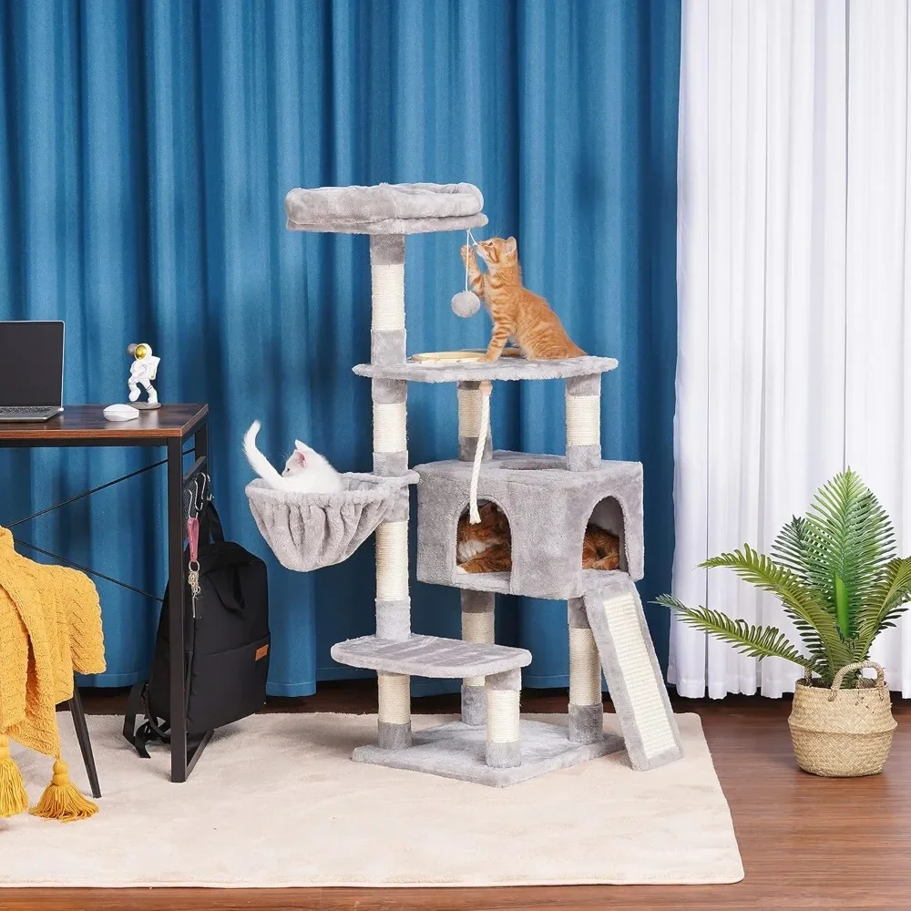 Indoor Cat Tower with Scratching Board, Multi-layer Cat Furniture, Apartment with Feeding Bowl, Light Gray