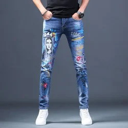 Frühling Herbst Neue Dünne Lange Korean Streetwear Fashion Cowboy Gewaschen Druck Grafische Luxus Dünne Hüfte-hop Stretch Hose Jeans