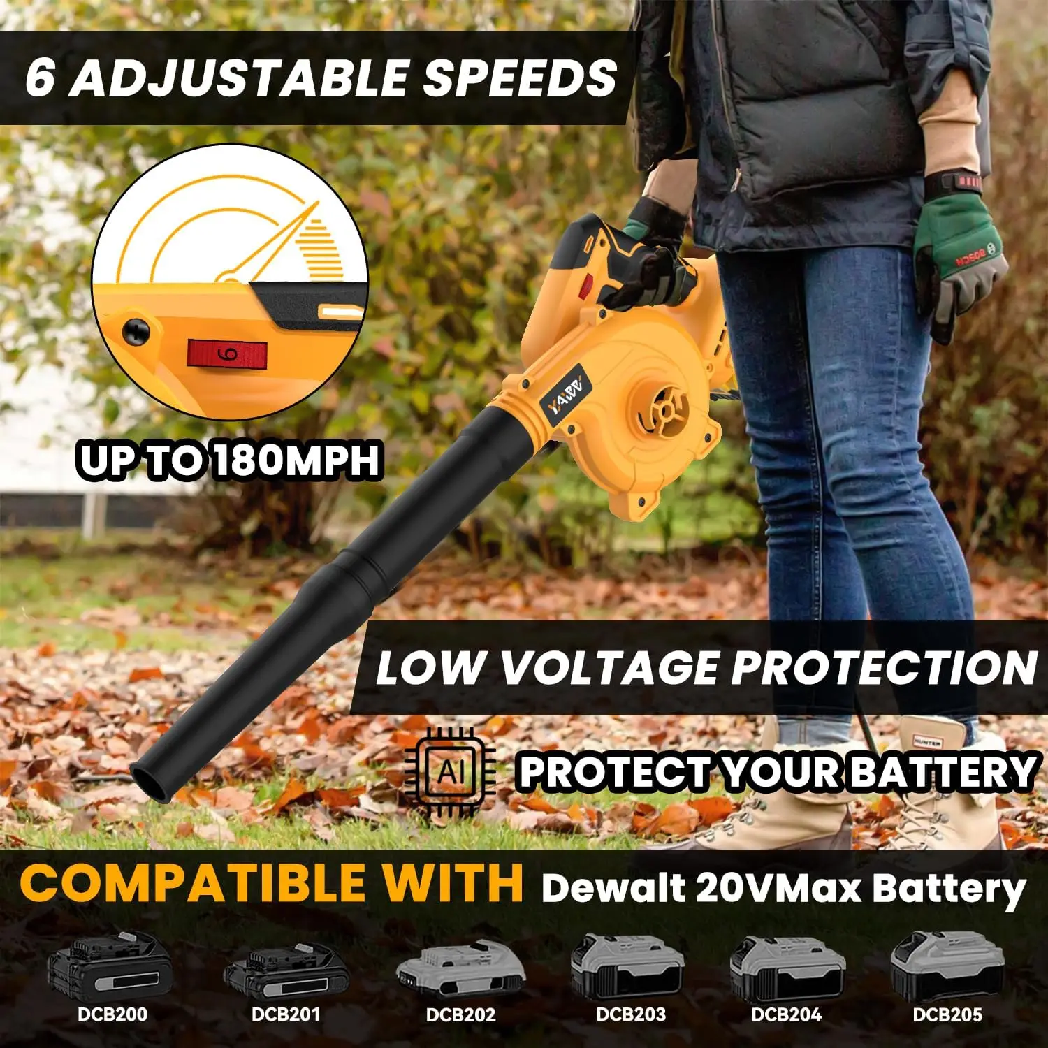 منفاخ أوراق شجر لاسلكي مع محرك بدون فرش، 6 سرعات تصل إلى 180 ميجا في الساعة، منفاخ 2 في 1 ومكنسة كهربائية (البطارية غير متضمنة)