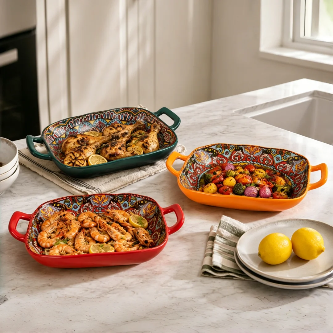 Bohemian Square Ceramic Baking Dish, Dual‑Handled Serving Bowl for Salad Pasta