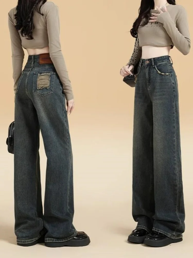 ارتفاع الخصر واسعة الساق الجينز المرأة فضفاضة تناسب المسيل للدموع تصميم مستقيم قطع الجينز الرجعية Sle لباس غير رسمي نسيج عالي الجودة #1