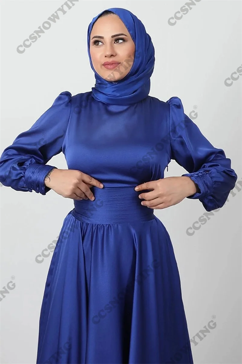 Vestidos de noite muçulmanos femininos, hijab cetim simples, manga comprida, vestido de festa formal islâmico, túnica kaftana árabe