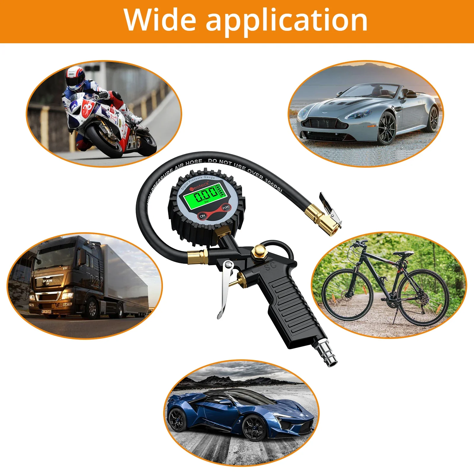 Neoteck 0-200PSI Digital Tire Pressure Gauge LCD Tire Inflator Gauge Vehicle Monitor With 5pcs Rubber Hose Valve Caps For Tires