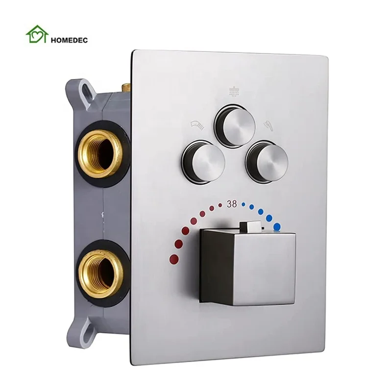Bathroom Wall Mounted Push Button Concealed Thermostatic Bath Shower Faucet Mixer 3 Way Diverter Valve