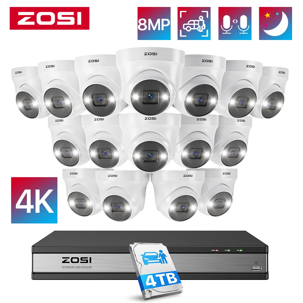 

ZOSI 16CH 4K PoE CCTV Security Camera System Person Vehicle Detection 16CH 8MP PoE NVR Recorder 5MP/8MP IP Surveillance Cameras