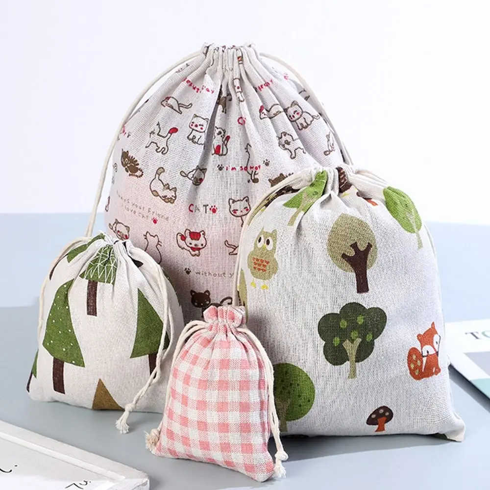 

3PCS Mixed Sizes Drawstring Storage Bag Cotton Linen Printing Pattern Cosmetic Bag Underwear Toys Bundle Bag Travel Organizer
