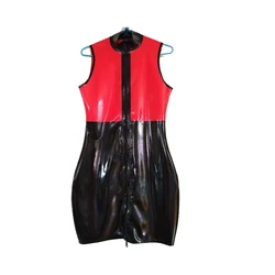 Pure New 100% Latex Rubber Fashion Women nero e rosso senza maniche Zipper Drees con taglia XXS-XXL