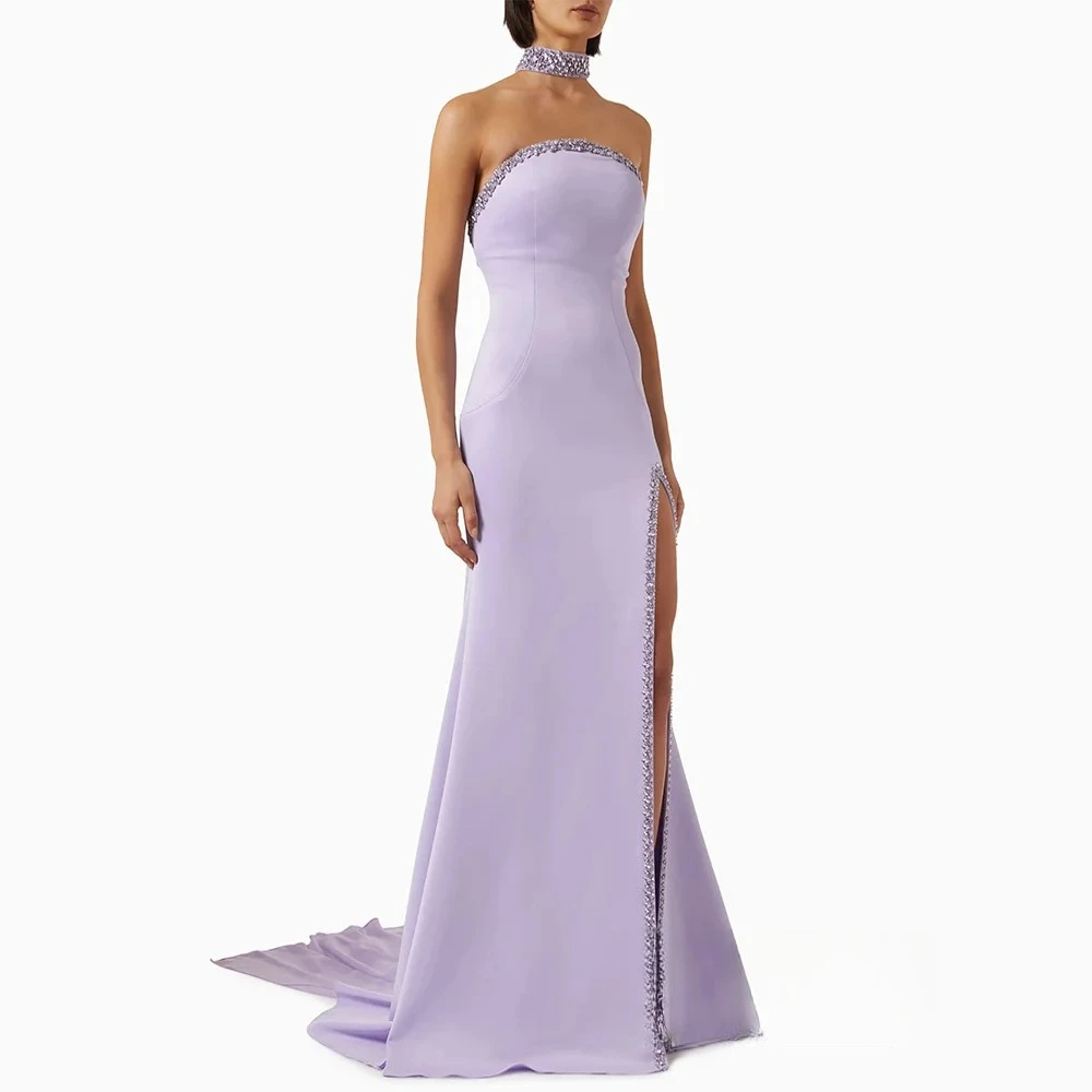 Lilac Mermaid Evening Dresses Halter Cape Sleeveless High Split Crystals Saudi Arabia Prom Gown Party Dresses Customized