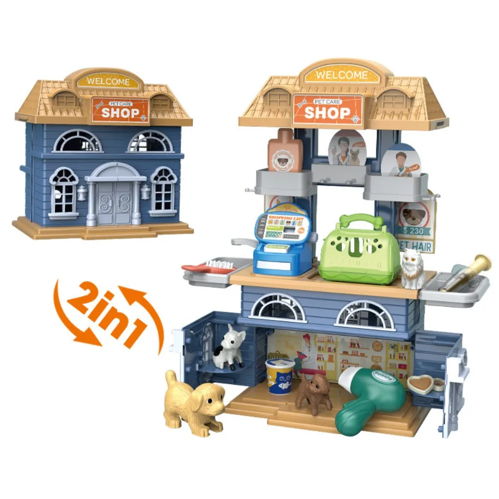 2in1 Simulatie Dessert Koken Villa Huisdier Schoonheid Huis Set Hond Animael DIY Poppenhuis Keuken Voedsel Decor Model Kinderspeelgoed