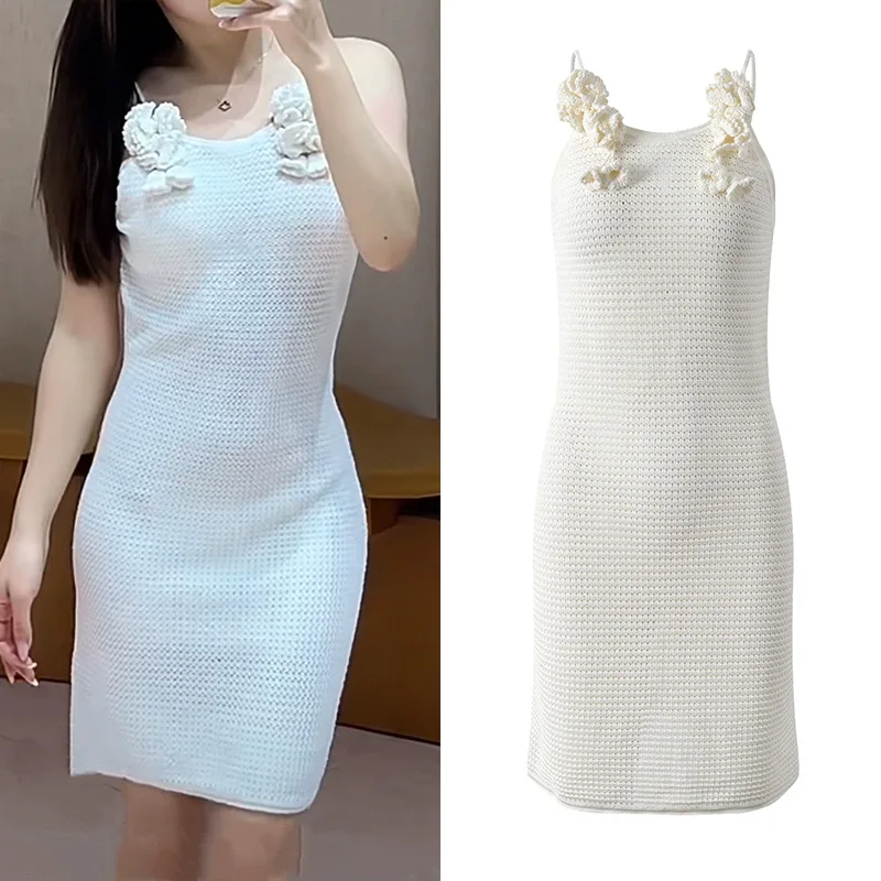 High-End European Sle Sexy Bal Strapl Gestrickte Dr Ivory Floral Print Svel Summer Faion Damen Dr