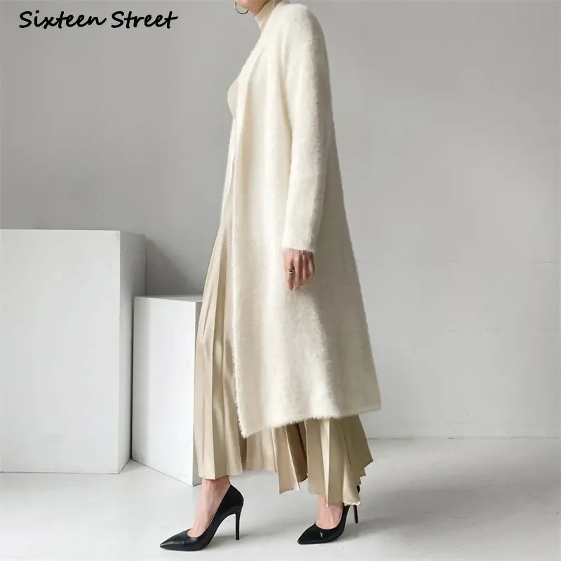 Chic Mink Cashmere Cardigan Women Winter Streetwear Harajuku Knitted Cardigan Coffee Oversized Soft Long Knitwear Coat