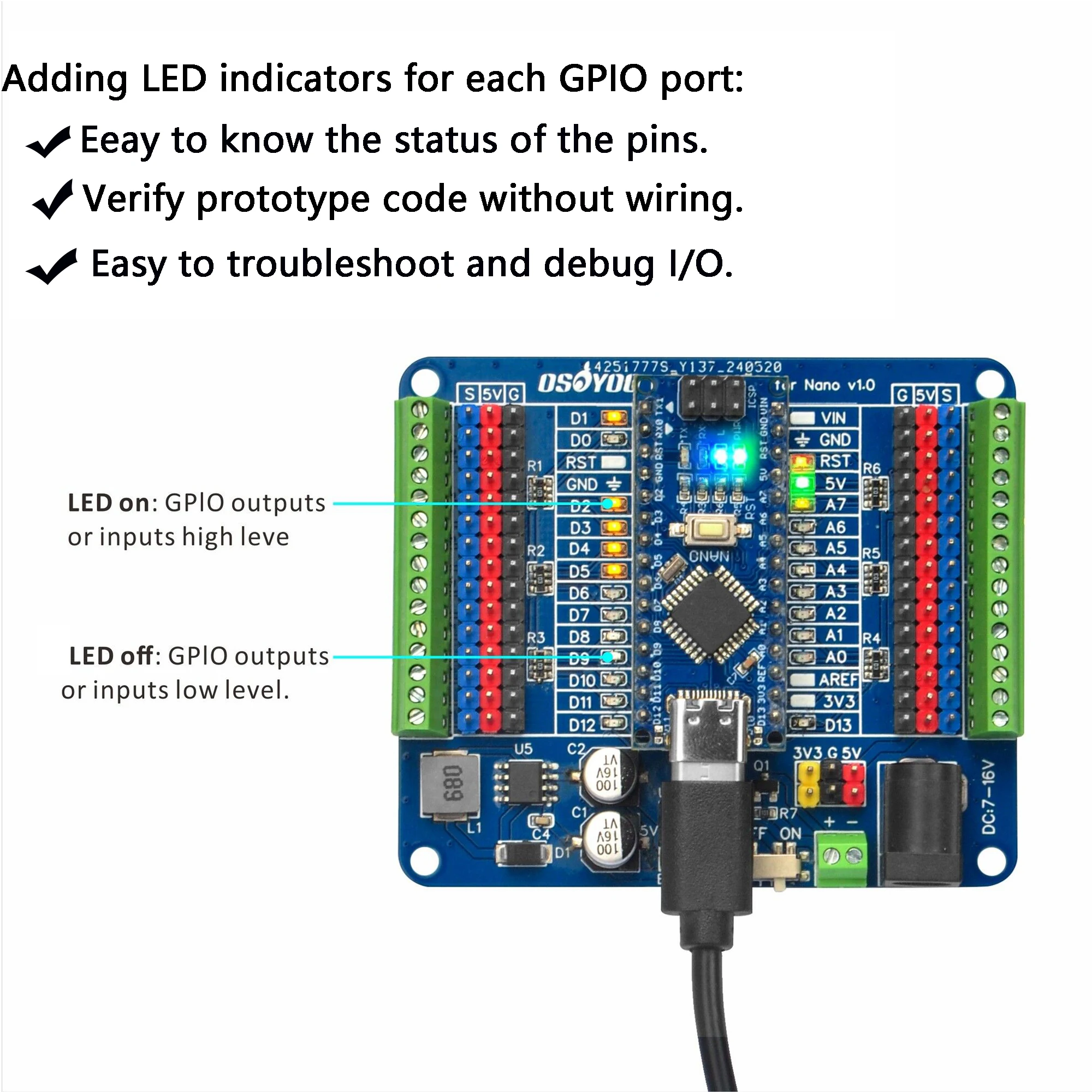 OSOYOO Nano IO Shield Breakout Board with GPIO Status LED