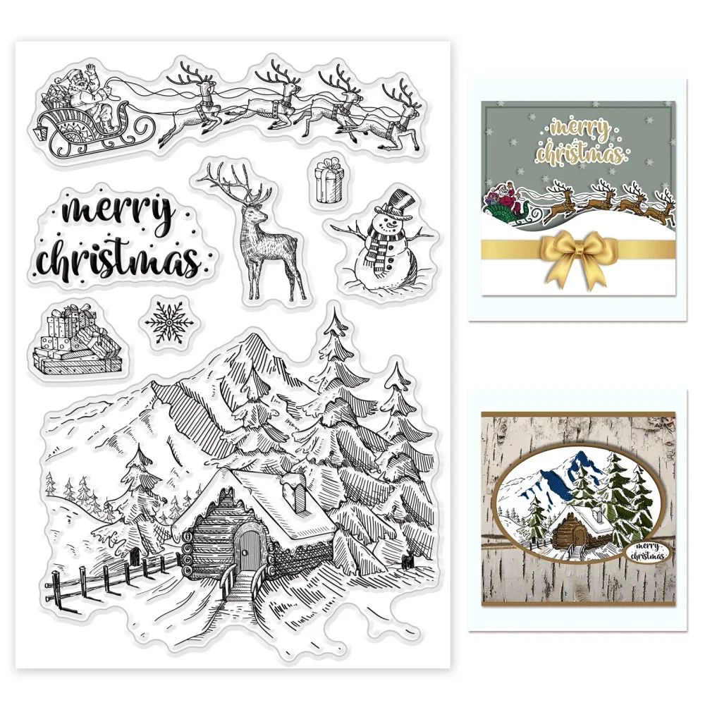 Christmas Deer Elk Clear Stamp Santa Claus Snow Mountain House Silicone Stamp Sleigh Snowman for Scrapbook Journal Card Making