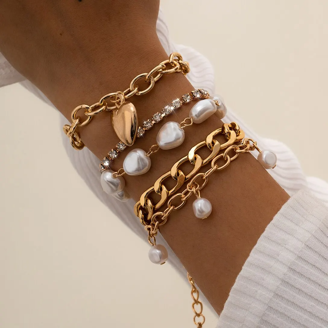 5Pcs/Set Vintage Heart Pendant Imitation-Pearl Cuban Chain Bracelet Women Punk Rhinestone Bangle Couple Grunge Jewelry Steampunk