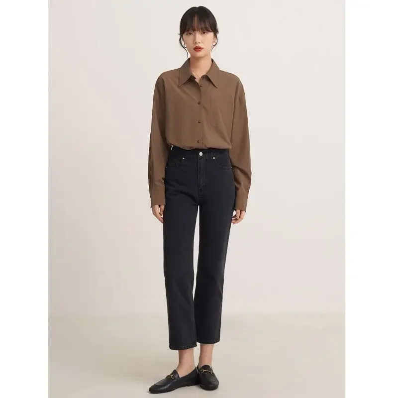 Deeptown Vintage Brown Shirts Women Blouses Office Wear Long Sleeve Elegant Ladies Casual Korean Fashion Loose Autumn Shirts