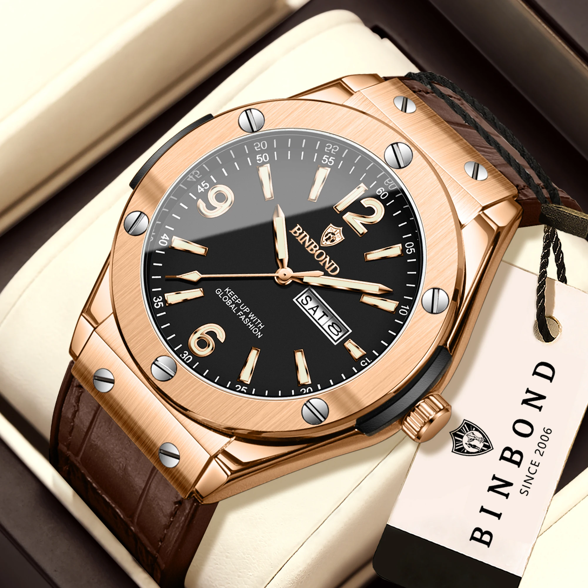 BINBOND Precise Auto Date Week Display Men's Watch Quartz Watches for Men Luxury Luminous Waterproof Casual Sturdy Reloj+Box