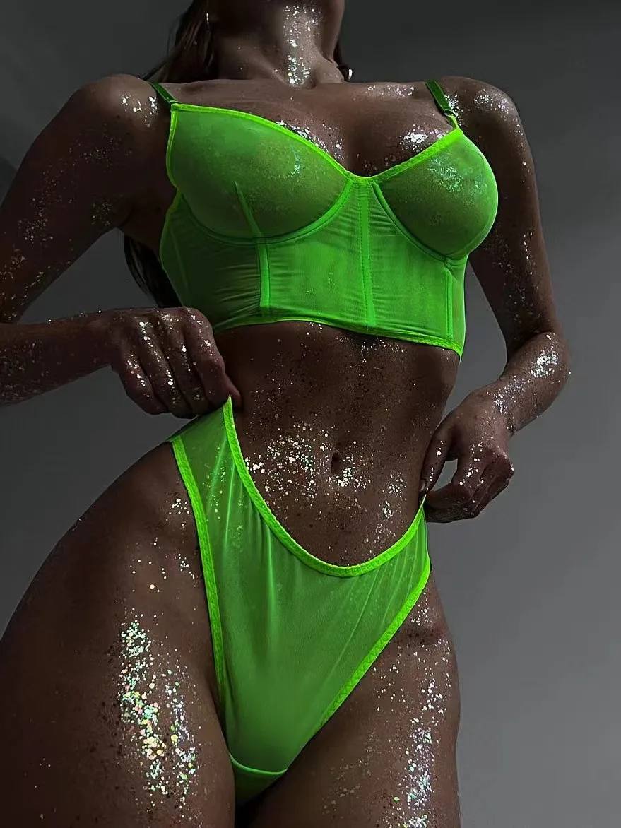 MIRABELLE Sexy lingerie Women Neon Green Female Underwear Intimate Bra and Panty Set Woman 2 Pieces Lace See Through Outfit