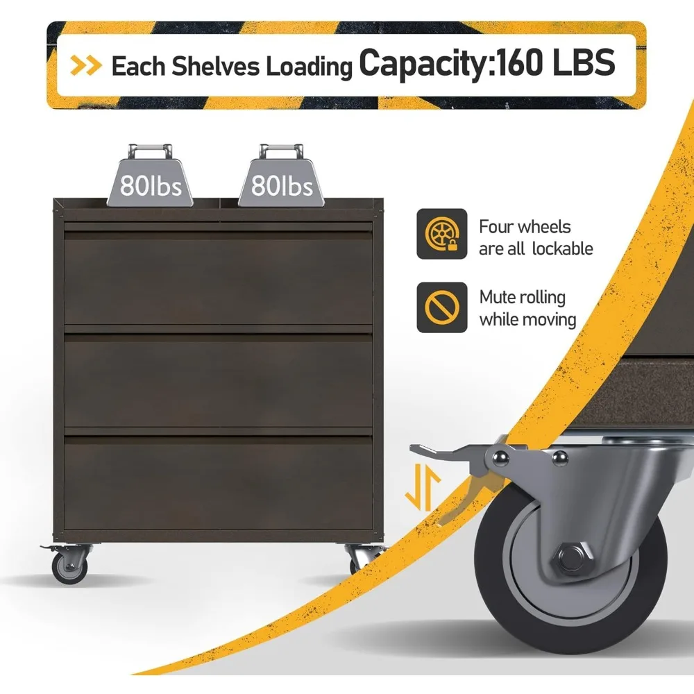 Metal Garage Storage Cabinet with Wheels, Rolling Tool Chests & Cabinets with 3 Drawers