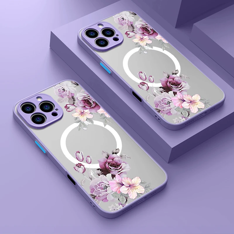 Funda de teléfono magnética con estampado de peonía púrpura para iPhone 15 16 14 Pro Max 16 PLus 13 12 Pro 11 para cubierta dura de carga inalámbrica Magsafe
