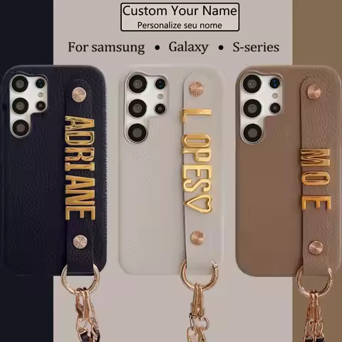 With Strap Personalise Initials Letters Case For Samsung S25 S21 S22 S23 S24 Plus Ultra FE Note 10 20 A13 Luxury PU Hard Cover