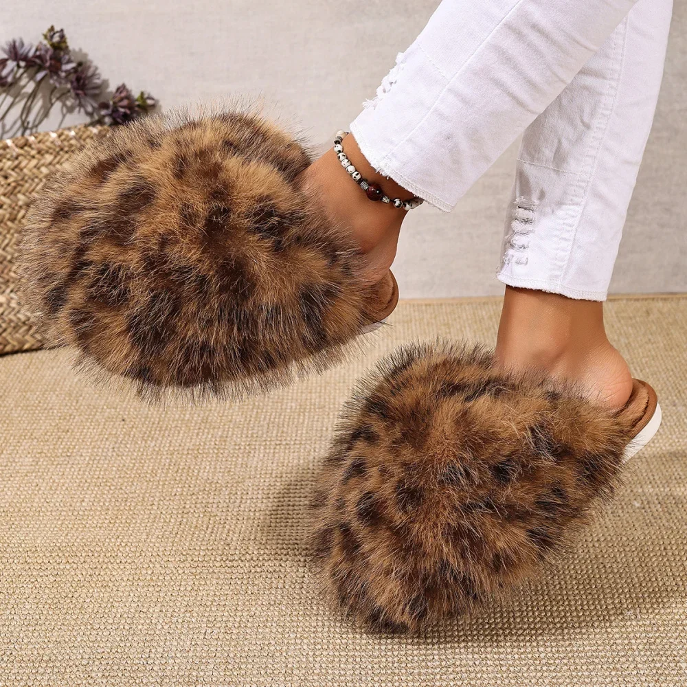 Damen Warme Hausschuhe Plüsch Leopardenfell Flauschige Pantoffeln Große Größen Geschlossene Zehenpartie Flache Sandalen Weiche Bequeme Schuhe für Frauen – Detail 33