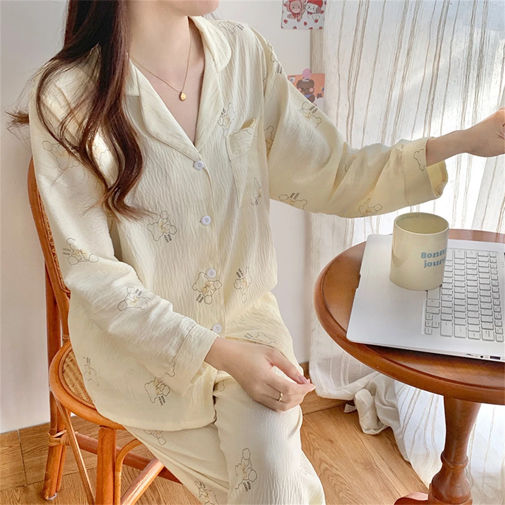 Women's Homewear Set Long Cardigan Sleeves Pants Sleepwear Suit Spring Autumn Sweet Ladies Printed Pajamas 2 Piece Nightwear