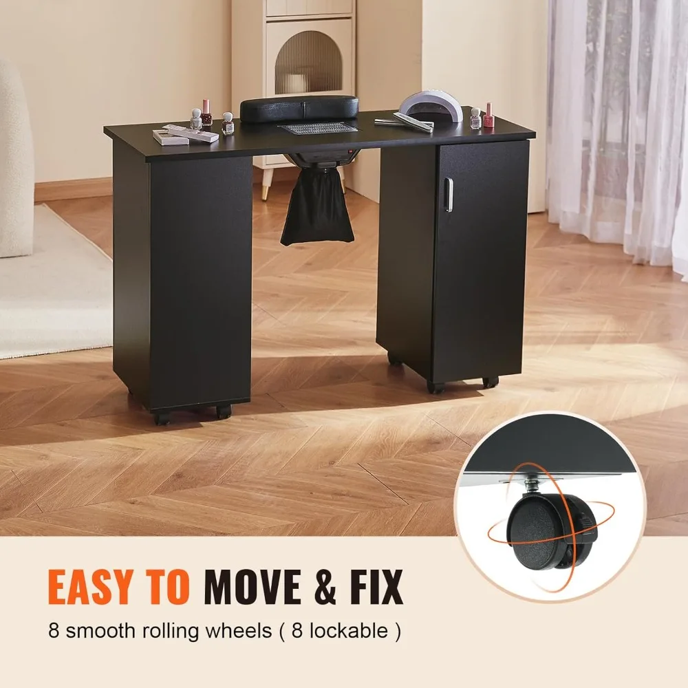 Manicure Nail Table, Mobile Nail Station with Powerful Dust Collector, MDF Nail Tech Desk with 8 Lockable Wheels