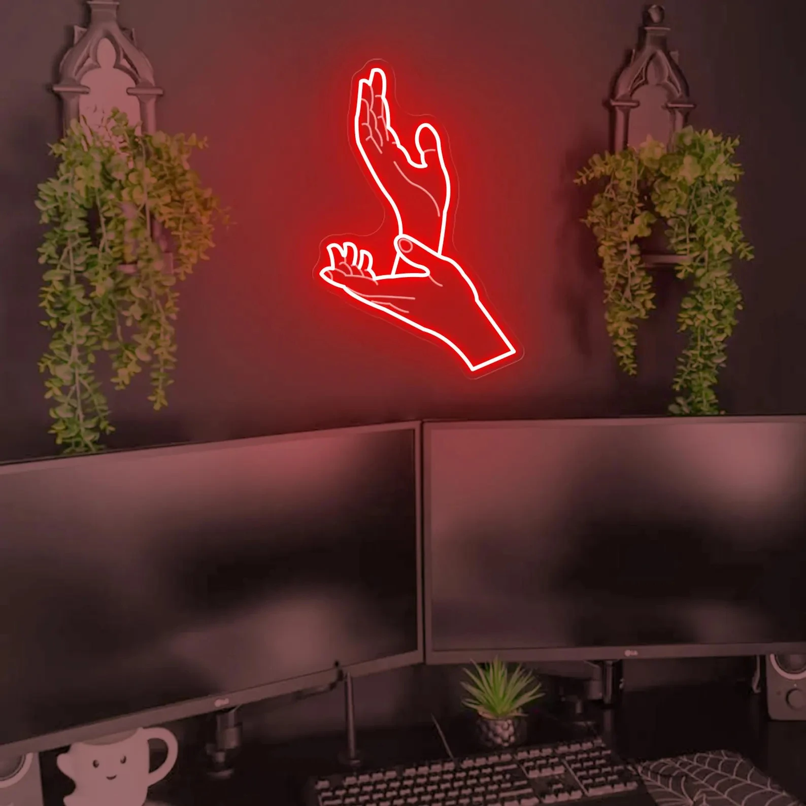 في الوقت المناسب الأيدي النيون، التوأم قمم مستوحاة بقيادة ضوء النيون، هدية لمحبي الخيال العلمي، غرفة نوم جدار ديكور فني ديكور المنزل الداخلي #3