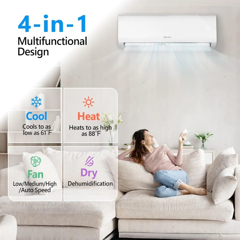 9000BTU Wifi Enabled Mini Split Air Conditioner & Heater, 19 SEER 115V Energy Saving Inverter Ductless Wall AC